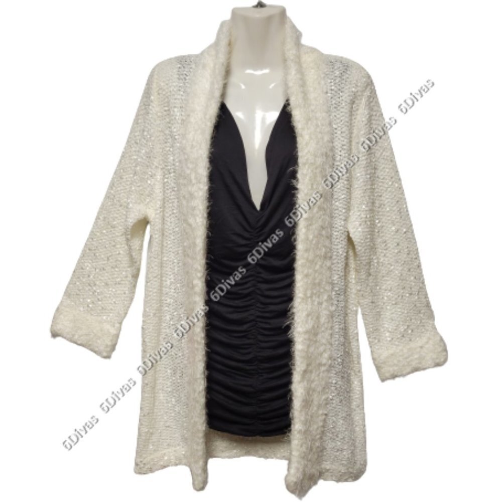 Sparkly White Faux Fur Open Front Knit Cardigan Sweater Size S and Size L